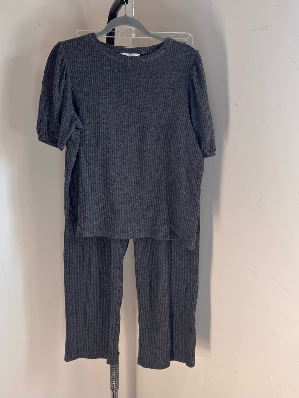 M & S Women's Ribbed Two-Piece Lounge Set - Charcoal Gray